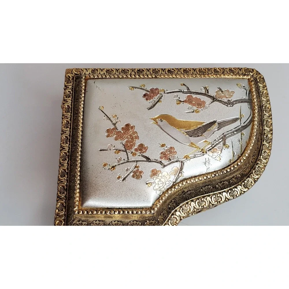 Grand Piano Trinket Box - Ornate Gold and Silver Floral Bird Metal Japan
